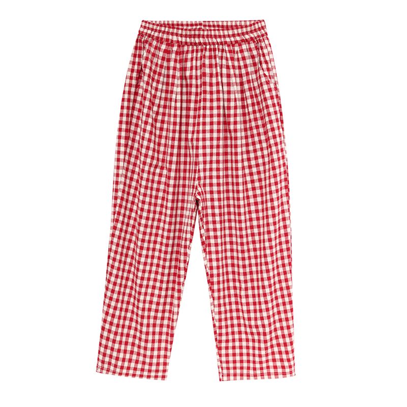 Women's and Art Large Size Elastic Waist Loose Wild Lattice Nine-Point Harem Casual Trousers