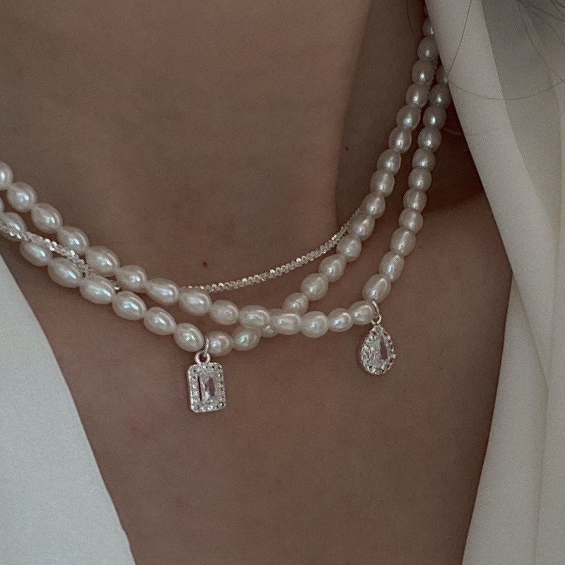 Women's Baroque Square Drop Zircon Freshwater Pearl Pendant Necklace