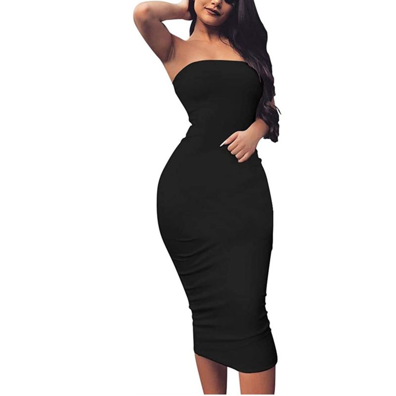 Women's Basic Sleeveless Tube Top Strapless Bodycon Midi Club Dress