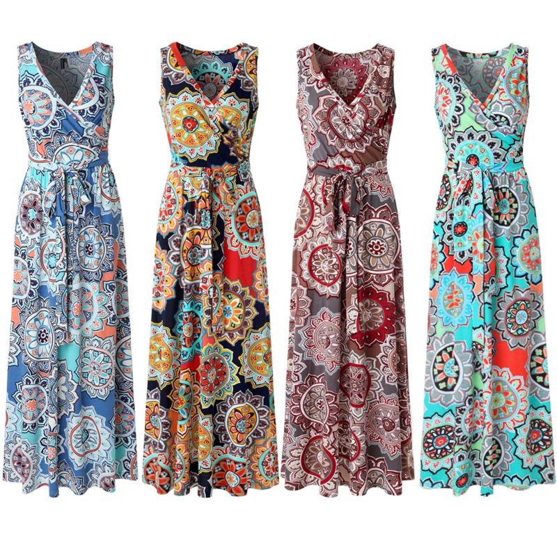 Womens Bohemian Printed Faux Wrap Bodice Sleeveless Crossover Aussie Maxi Dress Bale Muslim Satin Maxi Dress Long Sleeve