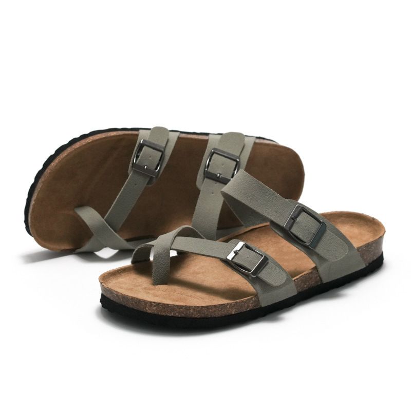 Women's Customized Printing Solid Color Cork Footbed Slide Beach Sandal Adjustable Buckle Double Strap Flat Women Slipper