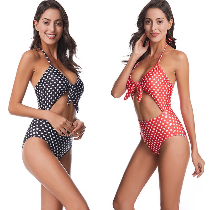 Women's One Piece Swimsuit Cutout Halter Lace up Polka Tummy Control Twist Bathing Suit