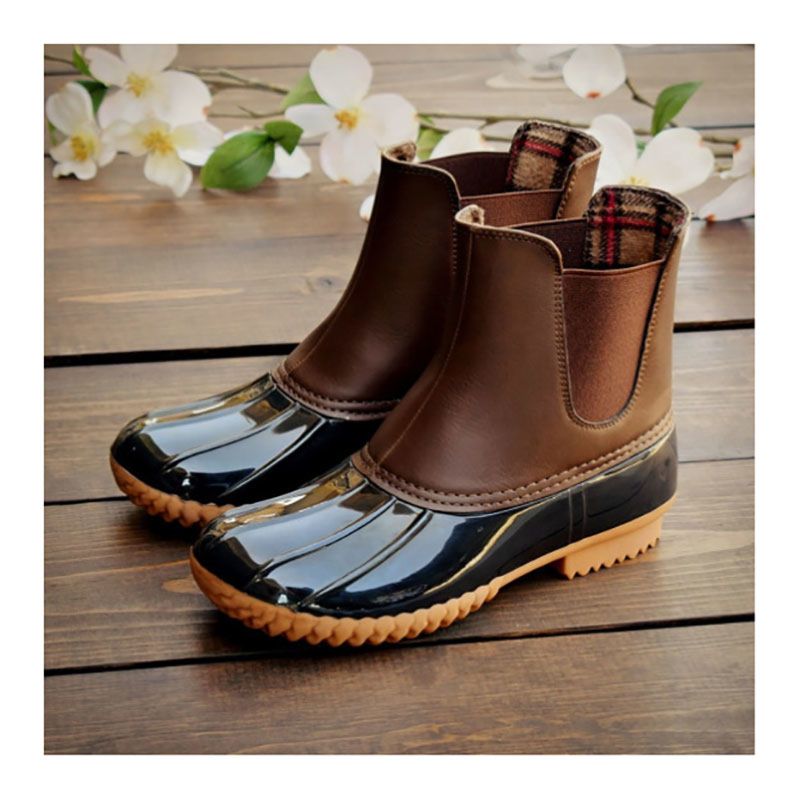 Women's Slip on Ankle Boots Personalized Waterproof Cotton Lined Black and Brown Leather round Toe Snow Rain Duck Boots
