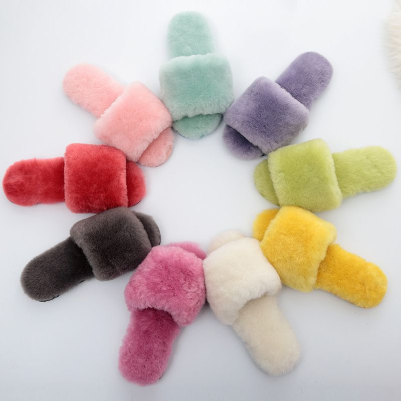 Women's Soft Indoor Home Fluffy Fuzzy Sheep Slippers Real Wool Fur Sheepskin Open Toe Fur Slides Slippers