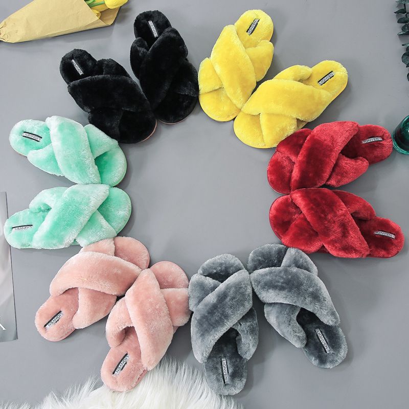 Women's Soft Plush Lightweight House Slippers Non Slip Cross Band Slip on Open Toe Cozy Fur Slides Slippers