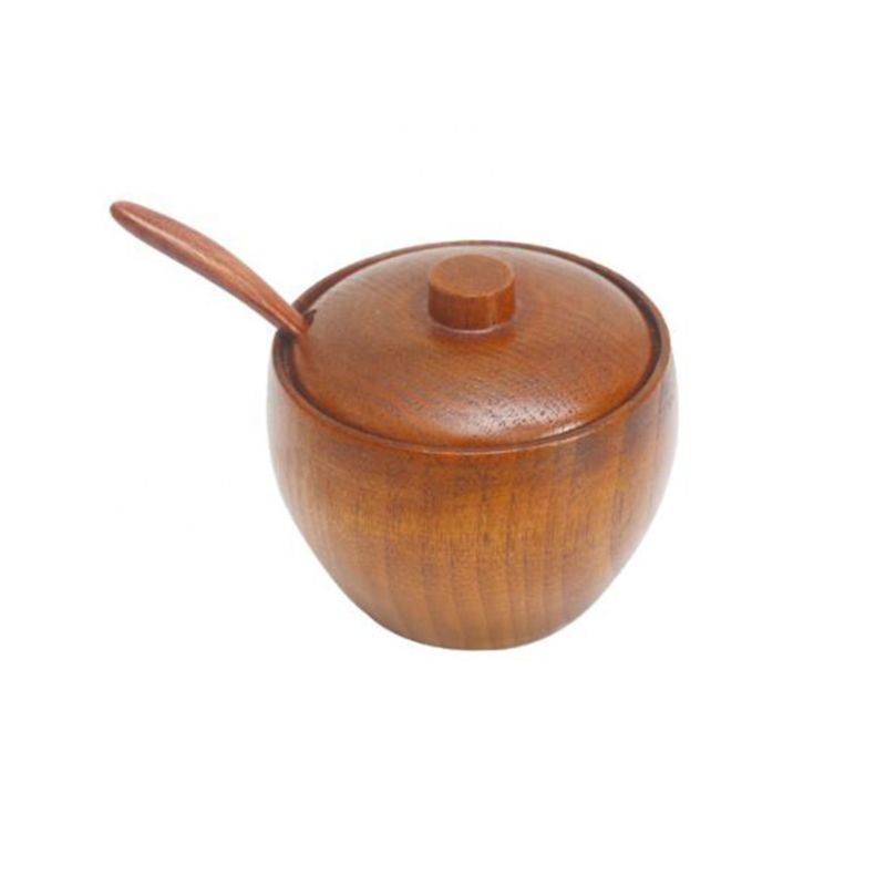 Wood Salt Jar Wooden Sugar Bowl with Spoon and Lid