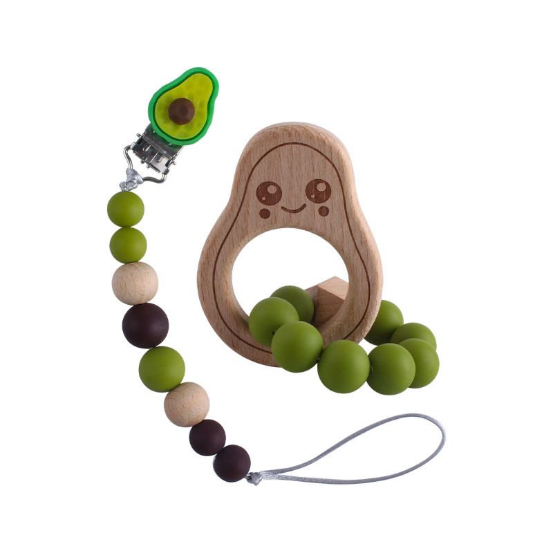 Wooden Avocado Shape Teething Pacifier Chain Baby Silicone Beads Wooden Avocado Rattle Bracelet