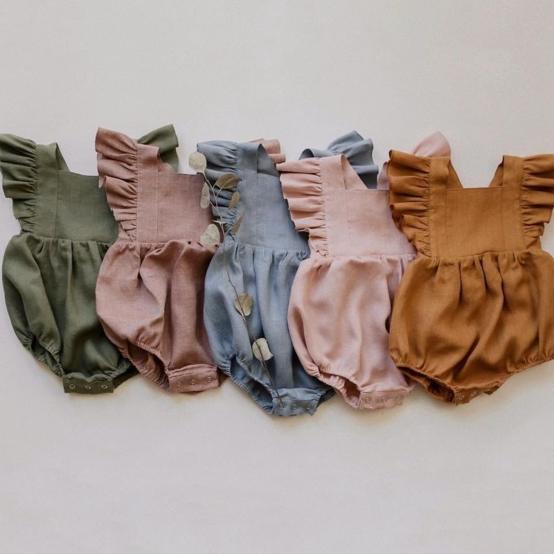 X107084 Fly Sleeved Baby Linen Cotton Girls Jumpsuit Rompers Green Pink Bodysuits