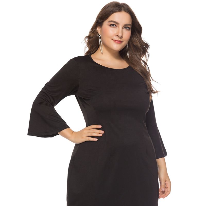 Xilan Xl0150 Womens Clothing plus Size Women Long Dress round Neck Slim Flared Sleeve Dresses
