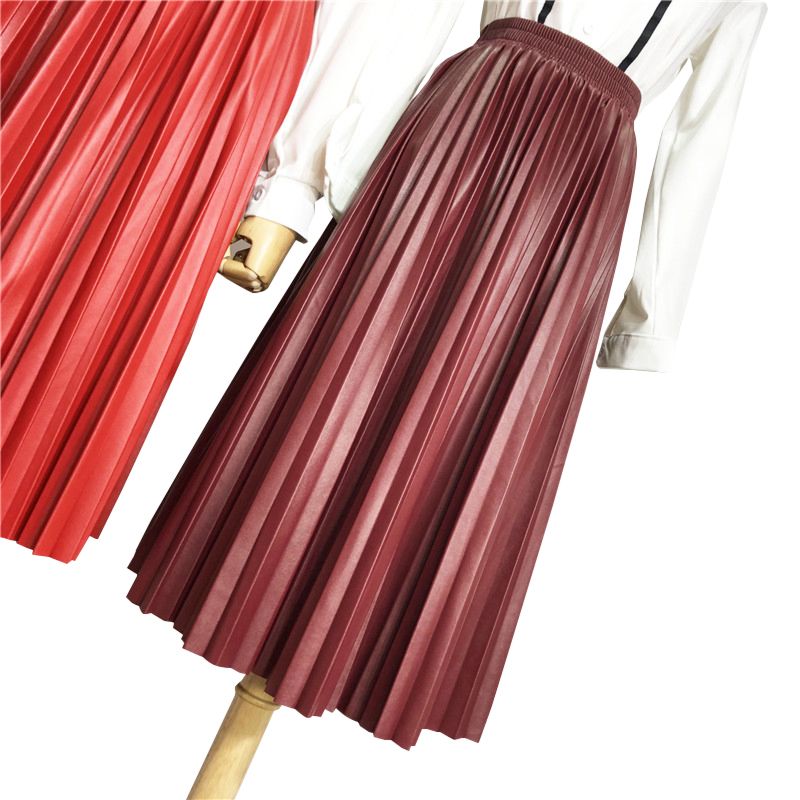 Yellow Black Long Skirts Plain Pleated Midi Pu Leather Skirt Women