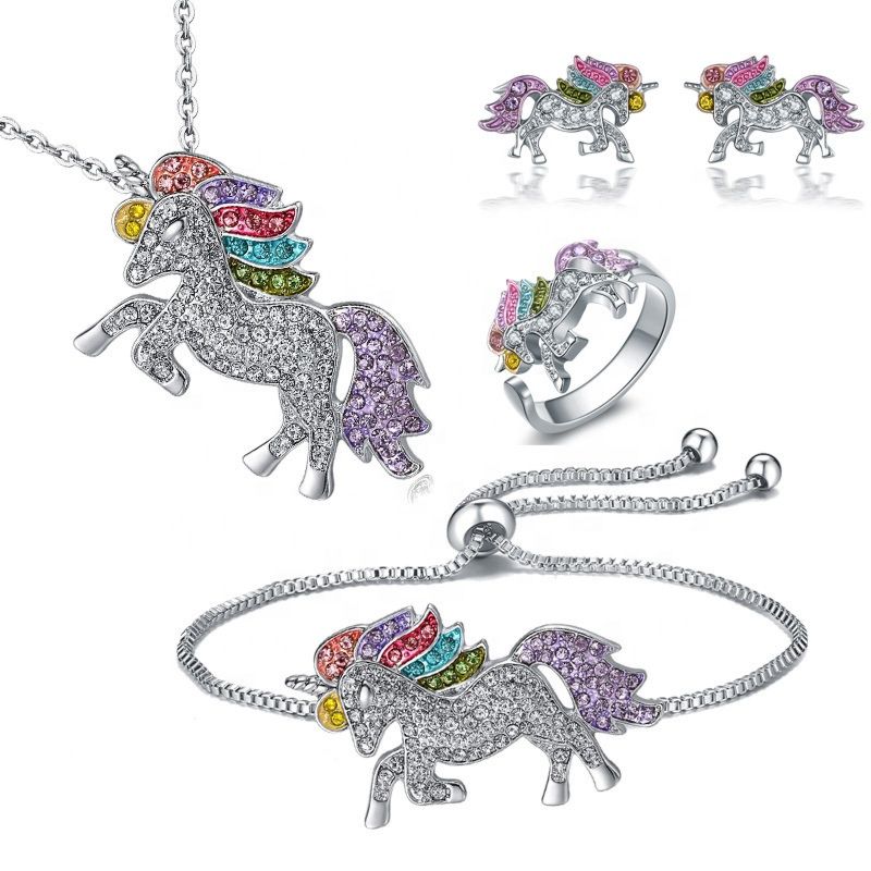 Yiding Design Jewelry Sets Fine Crystal Rhinestone Rainbow Color Unicorn Necklace Set with Earrings Bracelet Ring