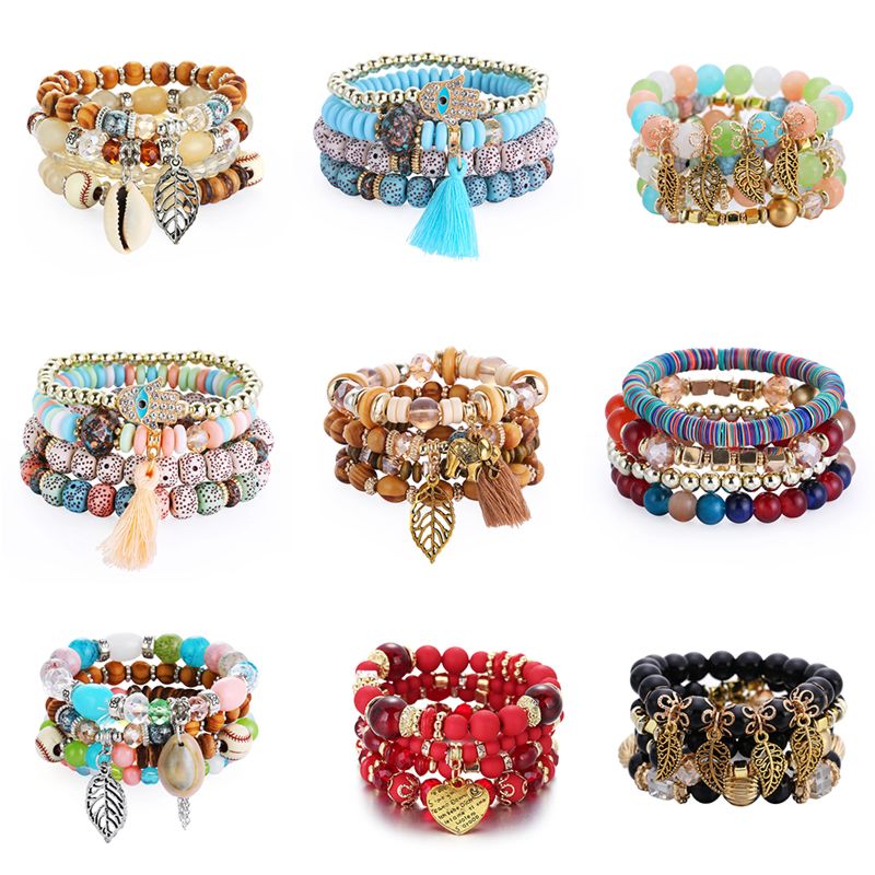 Yiwu Stylish Multi Leaves Glass Beaded Bracelet of Women Ethnic Style Lady's Charm Bracelets Jewelry