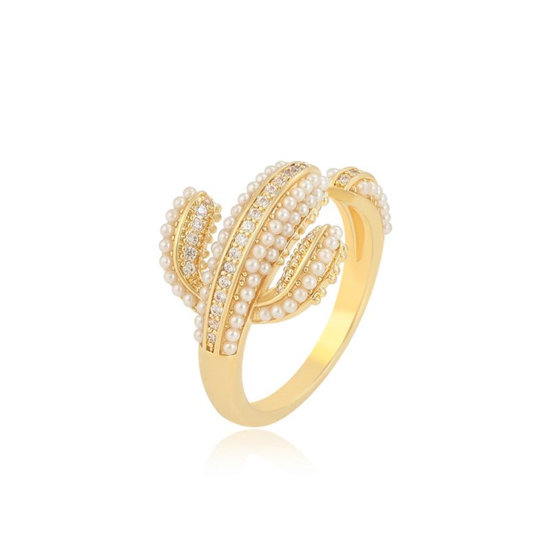 Ymring-303 Xuping Jewelry Creative Design Cactus Inlaid Pearl Novel 14K Gold-Plated Diamond Open Ring