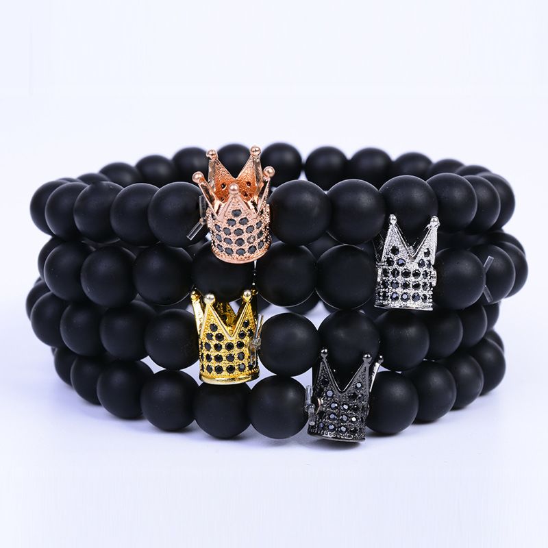 Yoga Stretch Gemstone Black Gold White Crown Cz Zircon Volcanic Stone Men Lava Natural Stone Bead Bracelet