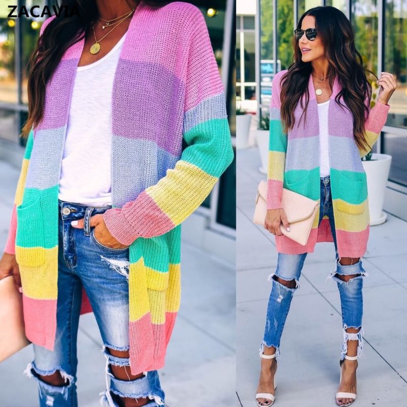 Zacavia Knitted Long Loose plus Size Rainbow Stripe Cardigan Women's Sweater