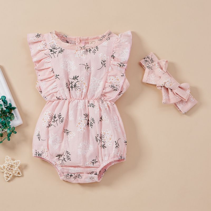 0-24M 2Pcs Baby Girls Princess Rompers Headband Flowers Printed Ruffles Sleeve Backless Jumpsuits