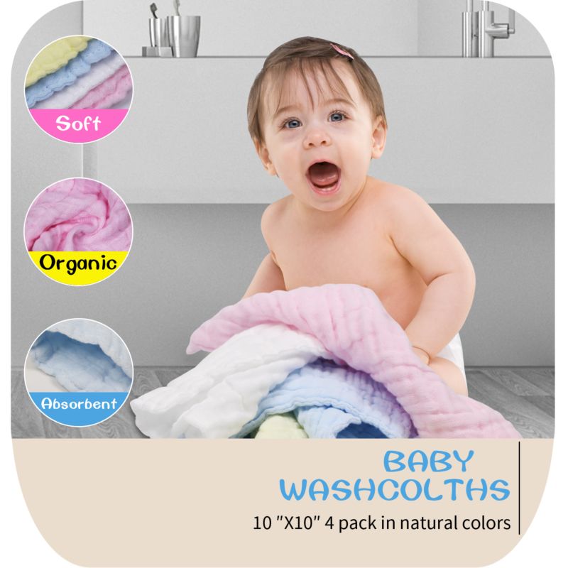 100% Muslin Cotton 4 Pack Super Soft Baby Washcloths and Towels Set Handkerchief Newborn Baby Face Saliva Towel