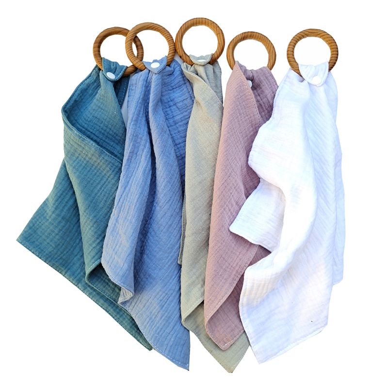 100% Organic Cotton Comforter Blanket and Wooden Cloth Teether Ring Newborn Muslin Teething Blanket