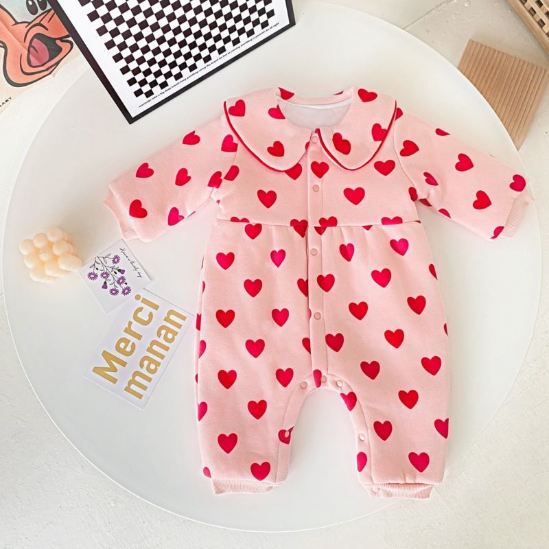 6358 Baby Girl Thick Clothes Newborns Jumpsuit Peach Heart Print Bodysuit Infant Rompers Warm One-Piece Toddler Overalls