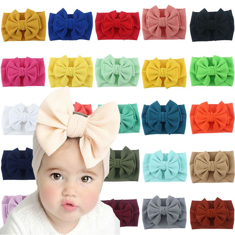 7" Kid Accessories Bows Soft Elastic Waffle Headband - Solid Color Top Knot Headwear for Baby Girl
