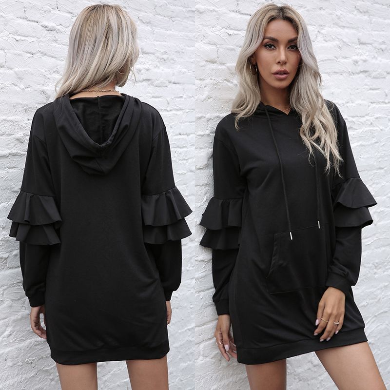 Autumn European and American Black Solid Color Long Hooded Lotus Leaf Long-Sleeved Sweater Women