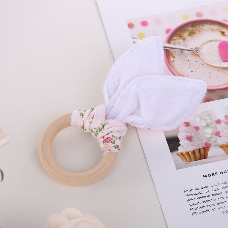 Baby Boy Bunny Ear Teether Safe Organic Wood Teething Ring Baby Teething Toys