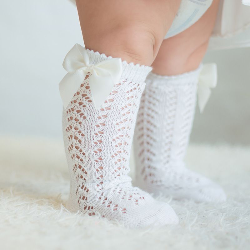 Baby Mesh Socks Solid Color Long Socks for Baby Autumn Bow Combed Cotton Newborn Socks anti Style