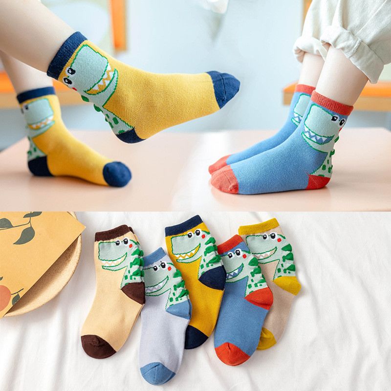 Baby Socks Set 5 Pack Infant Combed Cotton Dinosaur Spring Kids Crew Dress Cute Cartoon Socks