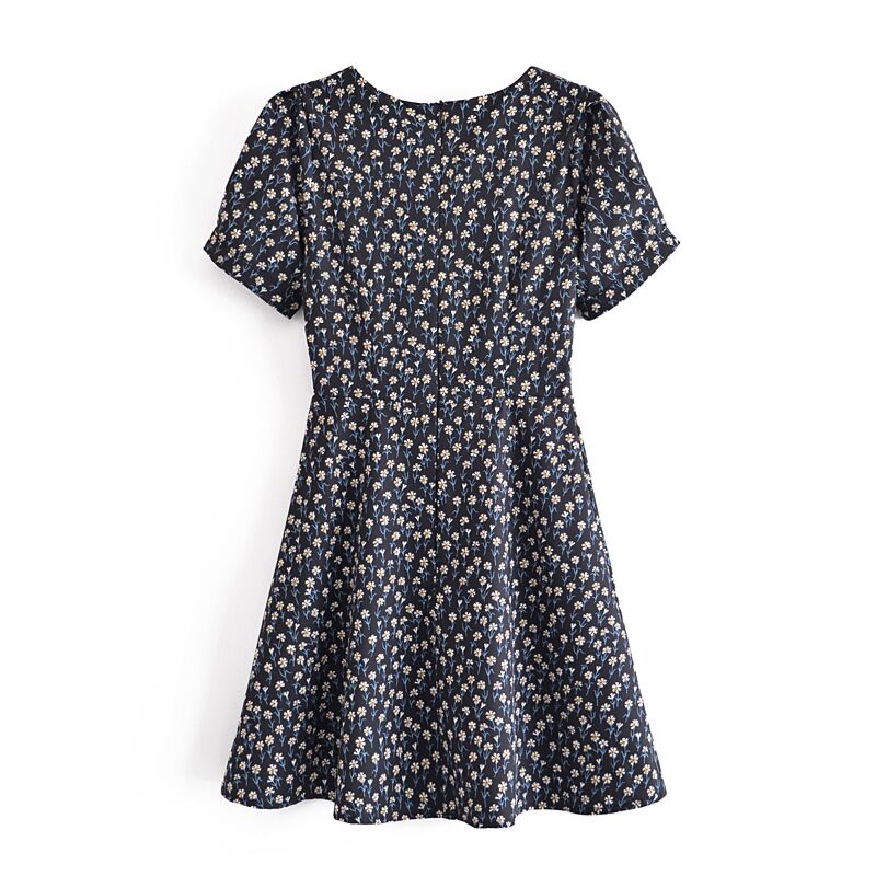 Black Color V Neck Short Sleeve Little Floral Print Women Cute Mini Dress