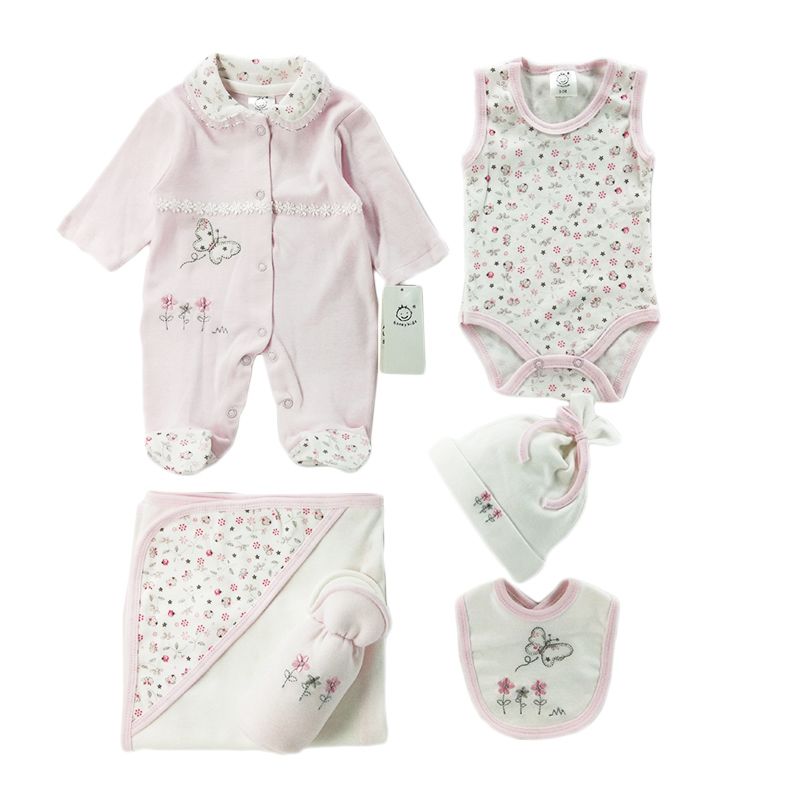 Born Baby Gift Set Cotton Baby Clothes 6 Pcs Romper Set with Bodysuit, Blanket, Hat, Bottle Cover and Bib