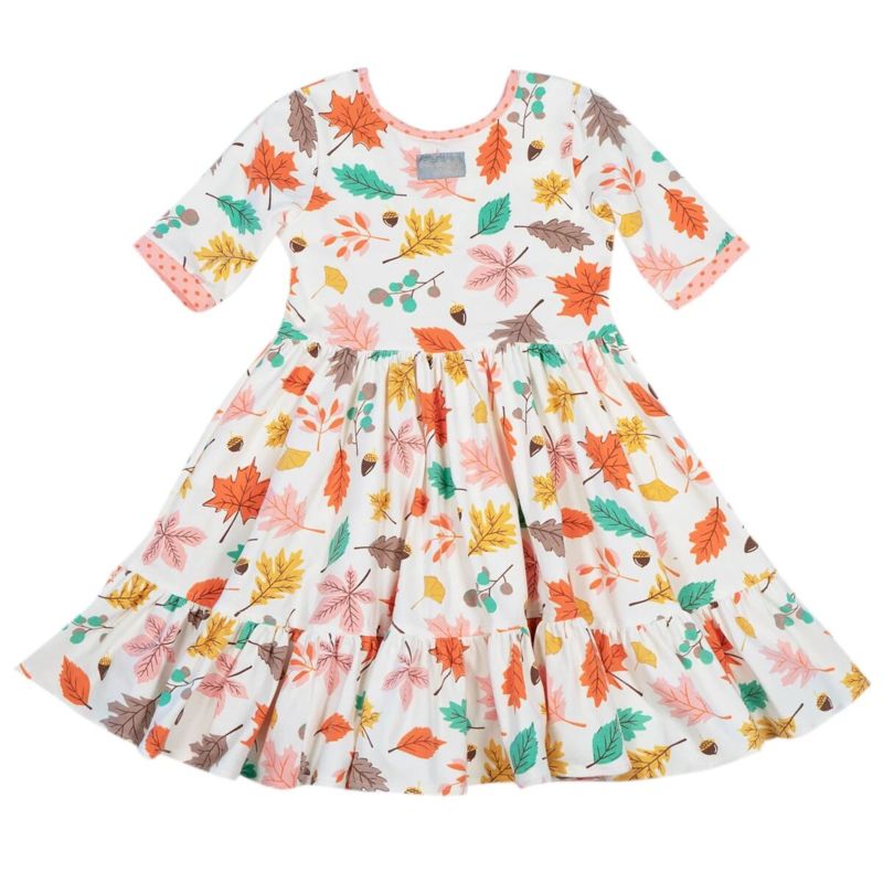 Boutique Kids Girl Toddler Short Sleeve Ruffle Autumn Leaves Print Dress