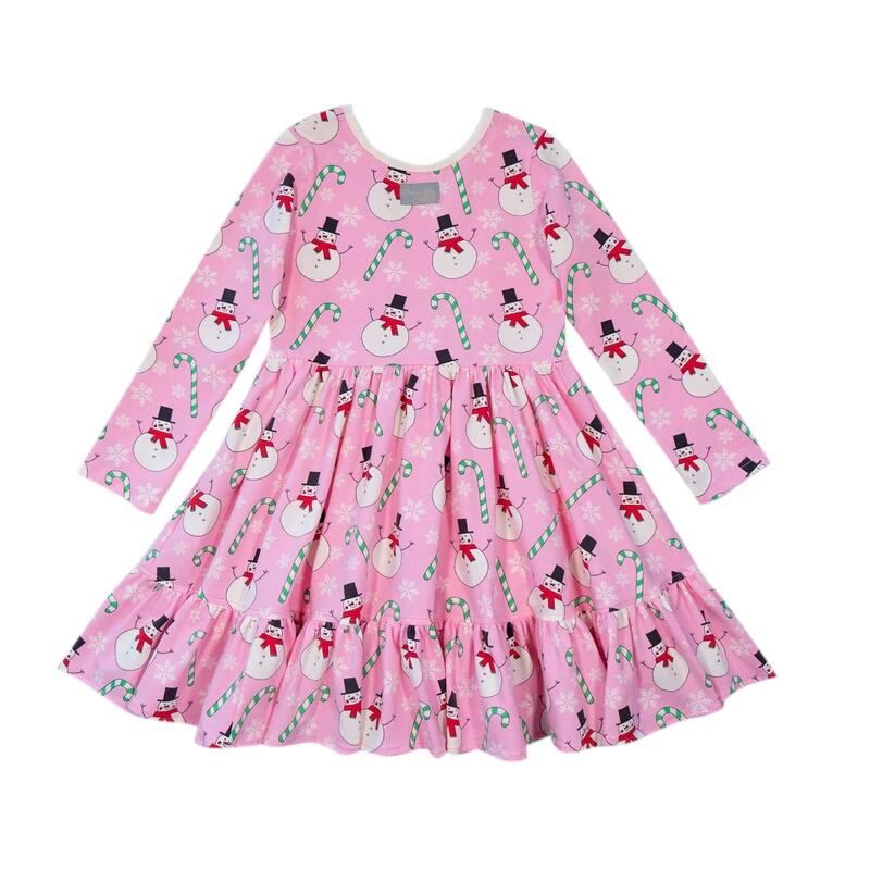 Boutique Long Sleeve Toddler Dress Snowman Pattern Pink Cute Baby Girl Dress Ruffle Hem Cotton Dress for Kids