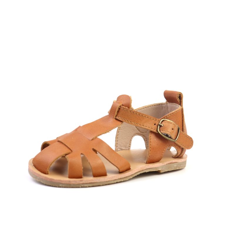 Brown Color Girls Sandal T-Strap Smooth Cow Leather for Kids Smile Baby Breathable Poly Bags Buckle Strap Mixed Colors