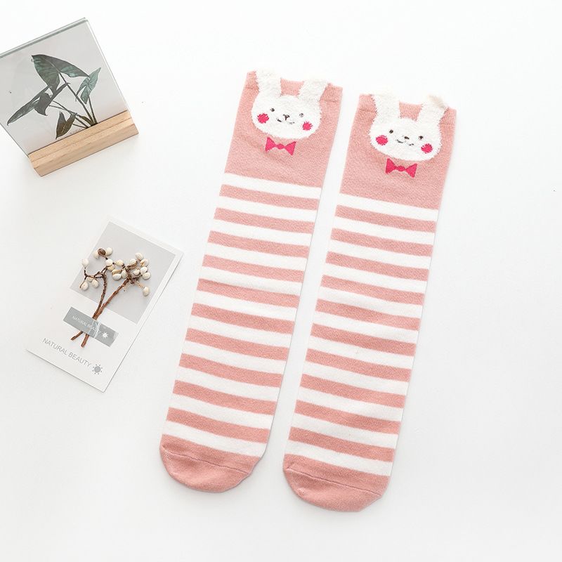 Cartoon Animal White Long Knee Girls Socks Novelty School Striped Socks for Kids In