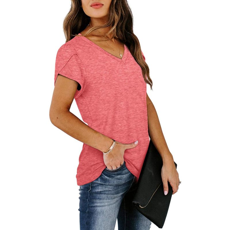 Casual Women's V-Neck Short-Sleeved Plain T-Shirt Ladies Top