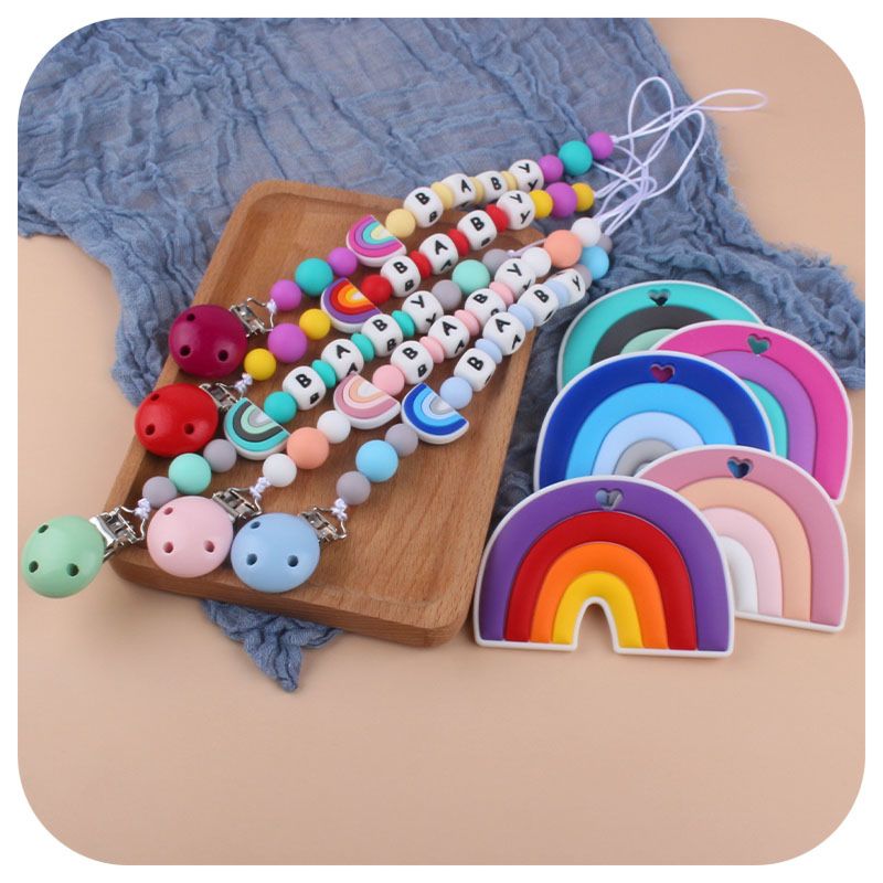 Chewable Rainbow Teether Toy and Silicone Letter Rainbow Dummy Nipple Holder Chain Baby Teething Set