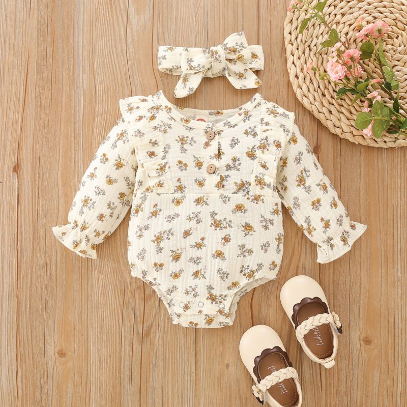 Children Clothing Long Sleeved Button Cute Infant Girls Suit Small Floral Romper Headband 2Pcs Baby Clothes Newborn