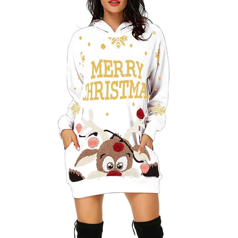 Christmas Hoodies Women Long Sleeve Sweatshirt Christmas Printed Pocket Women Sweatshirt Dress Hoodies