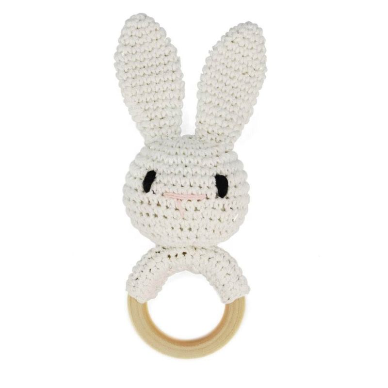 Cotton Crochet Bunny Rattle Baby Teether Beads Ring Wooden Teething