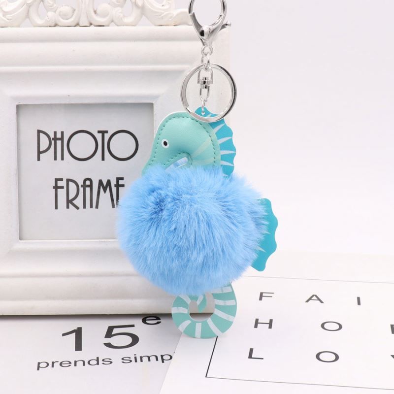 Cute Faux Fluffy Plush Ball Keyring Car Key Chain Women Handbag Pompom Lovely Leather Seahorse Pompom Keychain