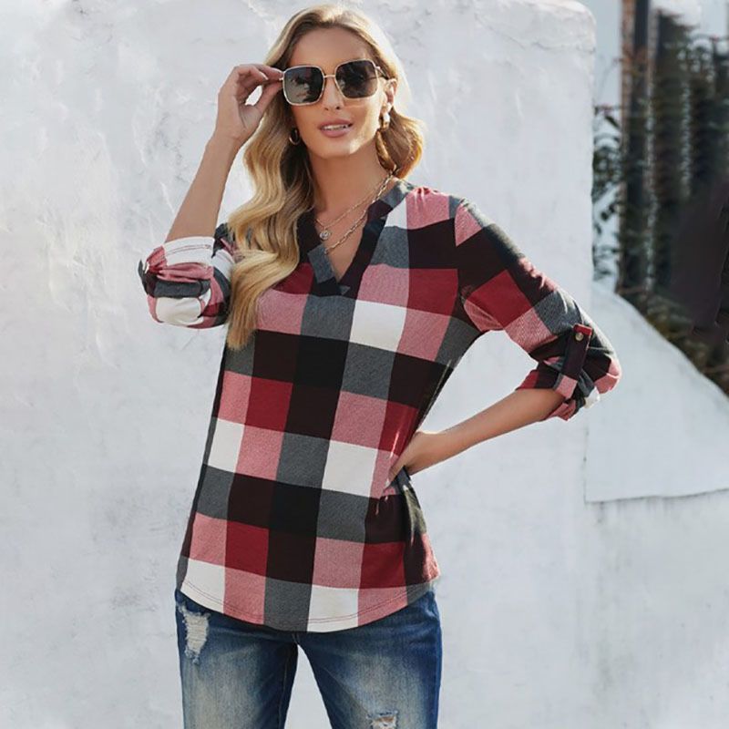 Dropship Autumn Fashionable Luxury Women's V-Neck Contrast Plaid Shirt Black & Red for Lady Stylish