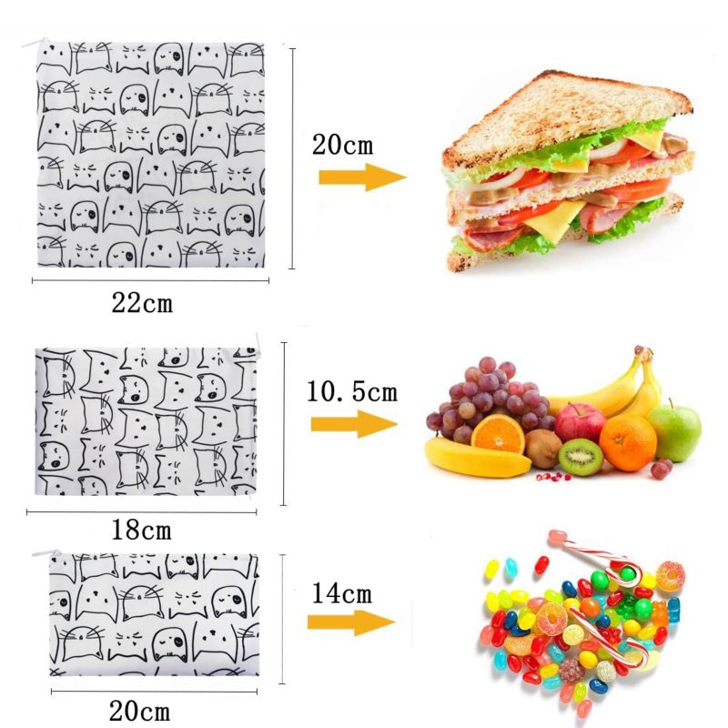 Eco Friendly Reusable Snack Bag Pack of 3 Leakproof Fabric Sandwich Bag Pul Zipper Pouch for Food
