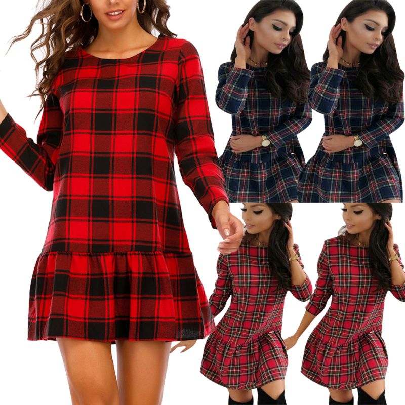 European and American Autumn Ladies Plaid Ruffle Dress Cotton Plaid Long Sleeve Stand Collar Loose Skirt