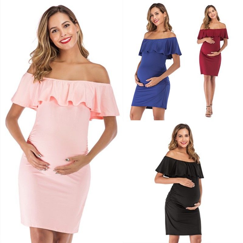 European and American Dress for Women Ruffle off Shoulder Word Collar Pregnant Women Dress Long Skirts