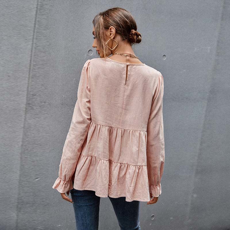 Fall 100% Cotton plus Size Clothes Pink Ruffles Clothing Top for Women