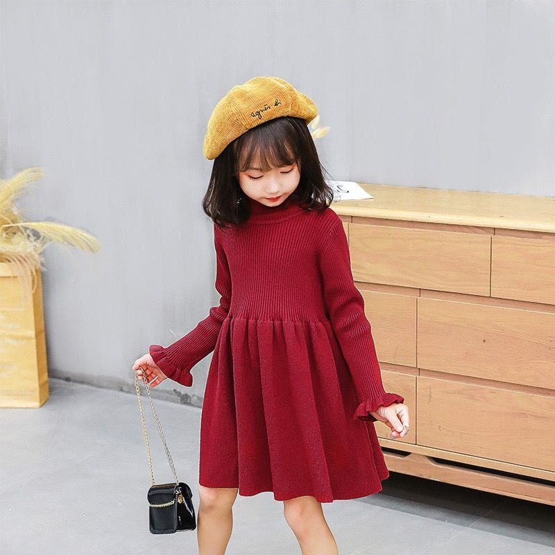 Fall Boutique Clothing Knitted Dress Turtleneck Sweater Solid Children Baby Girls Dress Long Sleeve Tight Dress