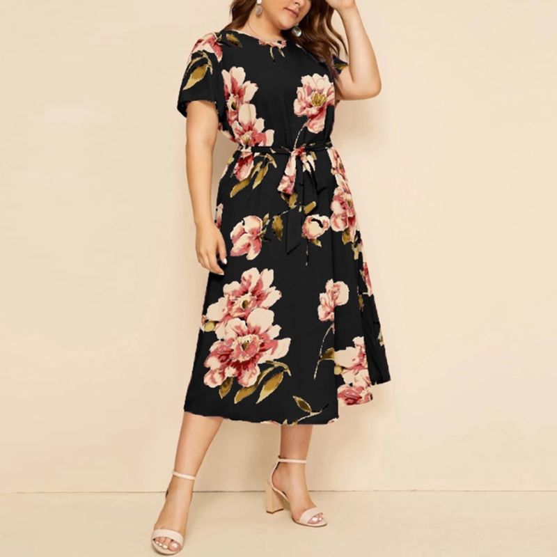 Floral Print Dress round Neck Short Sleeve Dress Ladies Dresses Women Casual