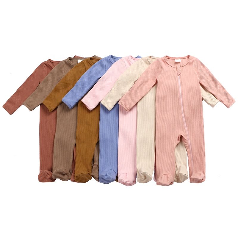 Newborn Baby Autumn Clothes Ribbed Footie Rompers Infant Rib Footie with Mitten & Zipper
