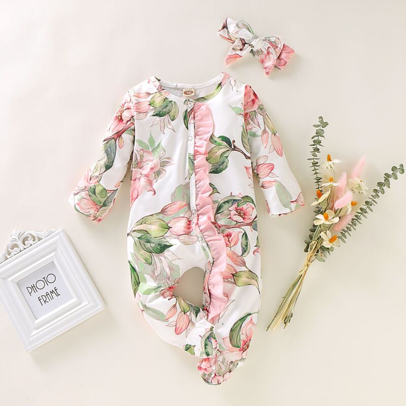 Newborn Infant Toddler Clothing Girls Long Sleeve Floral Ruffle Footie Sleeper Romper Baby Footed Pajamas