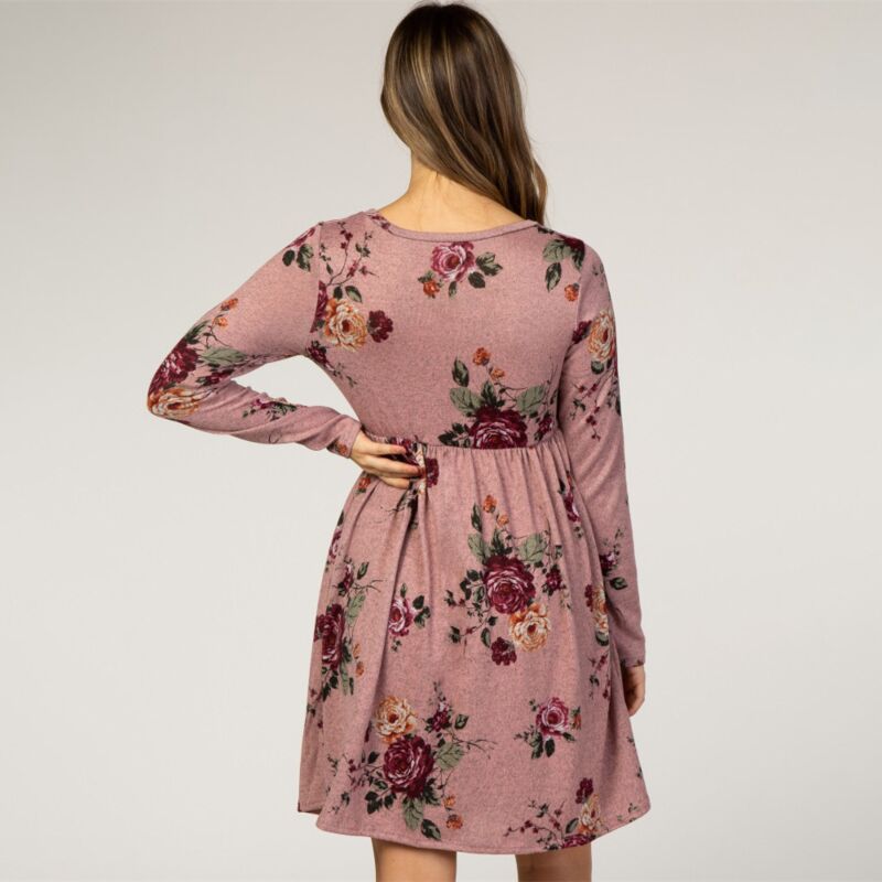 Pregnancy Clothes Womens Cotton Maternity Wear Floral Print Full Sleeve round Neck Casual Maternity Dress